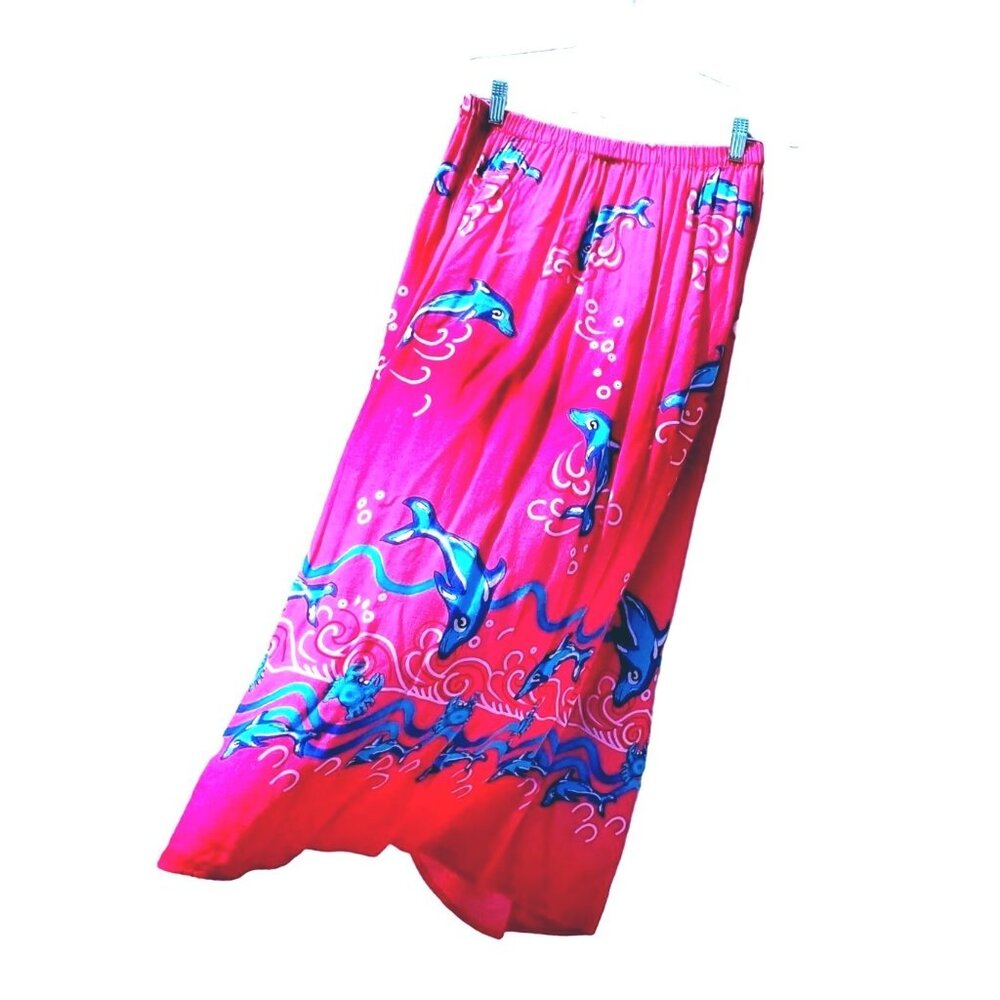 Midi Skirt Summer Pink Rayon Medium Blue Dolphins Curved Hem Elastic Waist